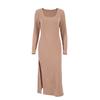 Split Solid Knitted Dress Long Sleeve Khaki Ribbed Casual Women Dresses Midi Ladies Bodycon Dress