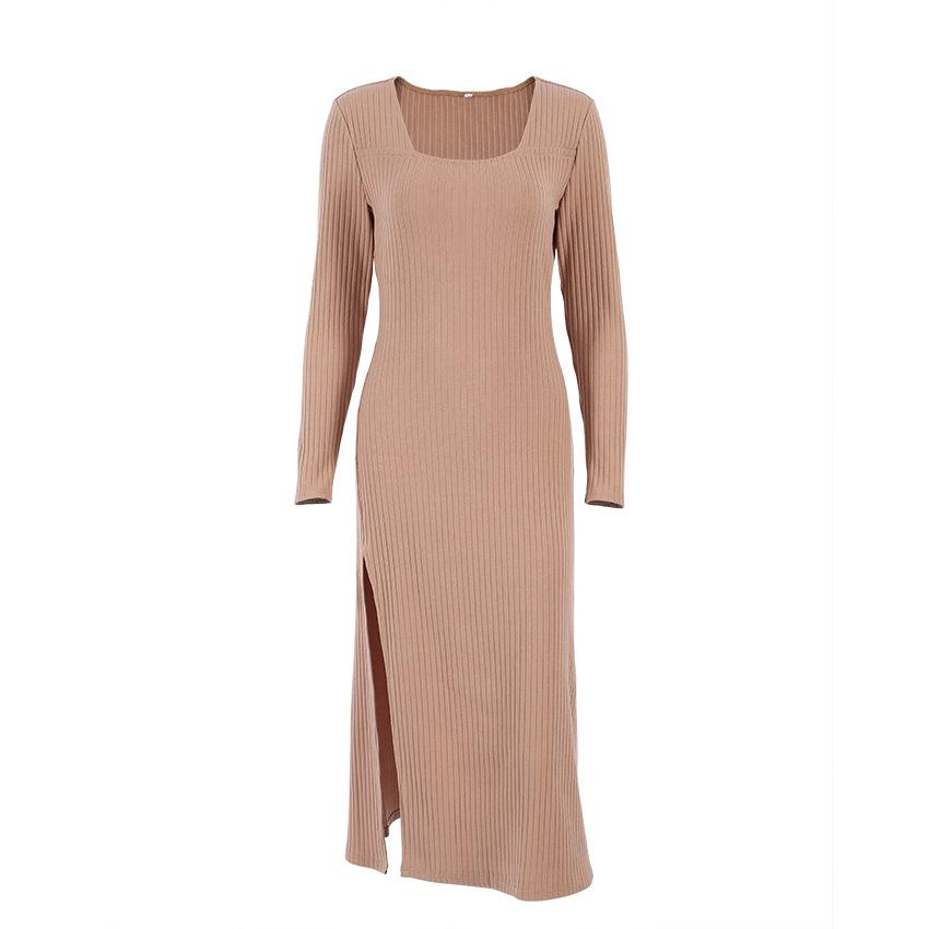 Geteiltes, solides Strickkleid, langärmelig, Khaki, gerippt, lässige Damenkleider, Midi-Damen, figurbetontes Kleid