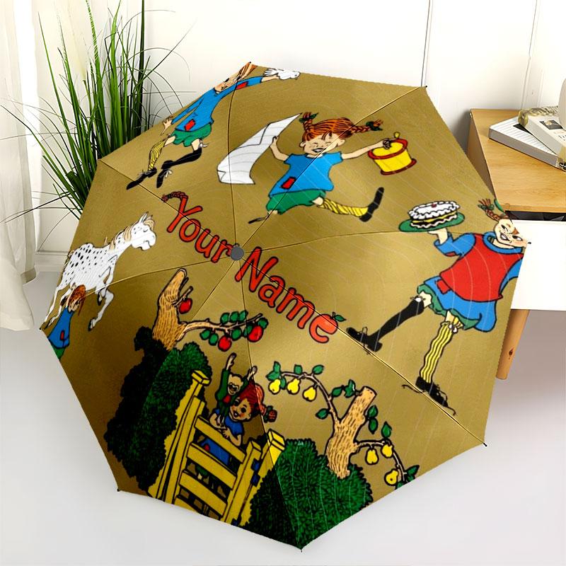 1 PC Automatic Folding Umbrella - Pippi Longstocking Custom Name Pattern, Portable & Foldable Design with 8 Ribs, Christmas Birthday Gifts