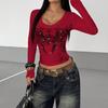 Y2K Spring and Autumn Printed Tight Fit Fit Top Round Neck Women's Wear