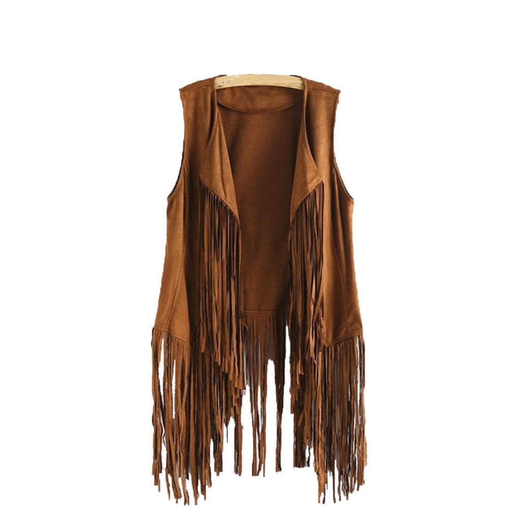Women Autumn Winter Suede Ethnic Sleeveless Tassels Fringed Vest Cardigan