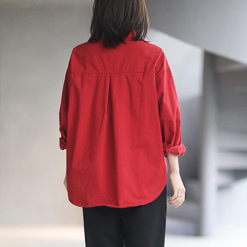 Solid Color Cotton and Linen Shirt Top for Women Autumn Loose Linen Shirt Medium To Long Length Shirt