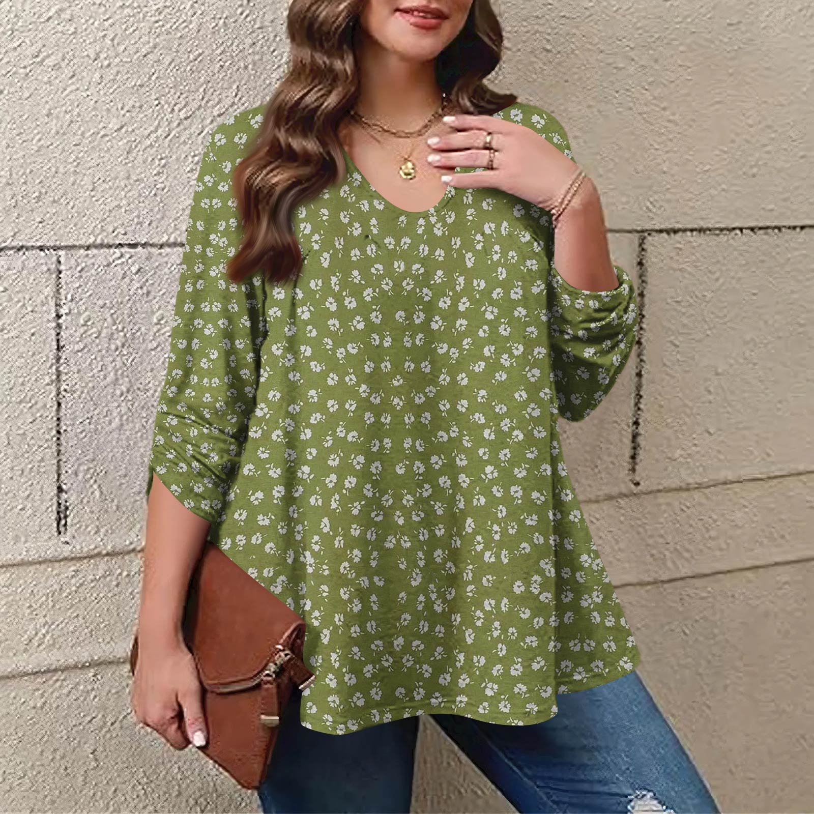 

Women s Plus Size Fashion Printed Casual Pleated Round Neck Long Sleeve Top XXXXXL