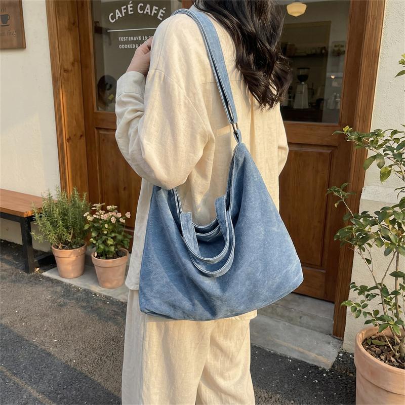 Large Capacity Denim Tote Bag Commuter Handbag Vintage Student Class Shoulder Crossbody Bag