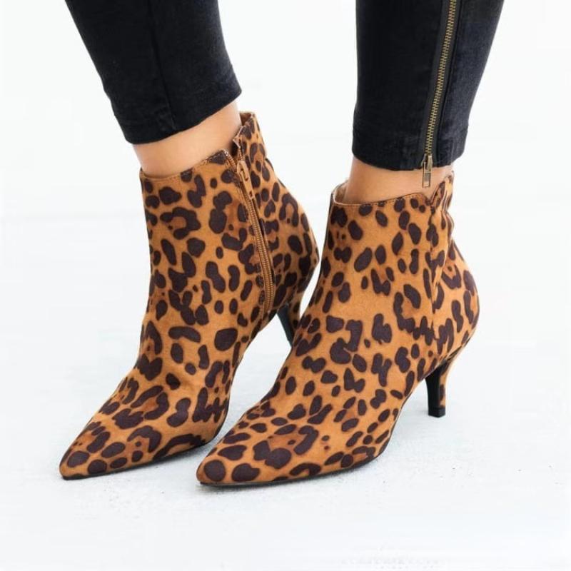 Luxury Women's Boots Spring Pointed Toe Stiletto Ankle Boots Fashion Leopard Print Women High Heel Suede Side Zipper Boots 35-43