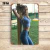 Hisun Tin Sign Stylish Busty Blonde Model in Blue Crop Top  Skinny Jeans Posing Outdoors Vintage Metal Tin Sign Retro Iron Painting Wall Art