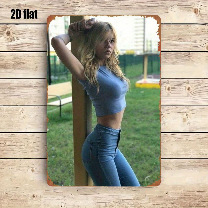 Hisun Tin Sign Stylish Busty Blonde Model in Blue Crop Top Skinny Jeans Posing Outdoors Vintage Metal Tin Sign Retro Iron Painting Wall Art