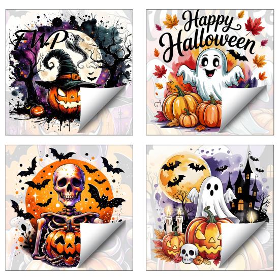 Waterproof Skeleton Wall Stickers Halloween Static Window Clings, Watercolor Pumpkin Ghost Skull Decals, No Festive Party Murals Glue Glass for Living