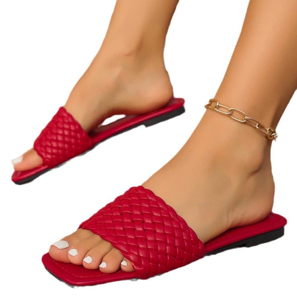 Fashion Women's Slippers Summer Selling Sexy Braided Red Square Toe Flat Flip-Flops Fashion Beach Mules Casual Indoor Home Slippers