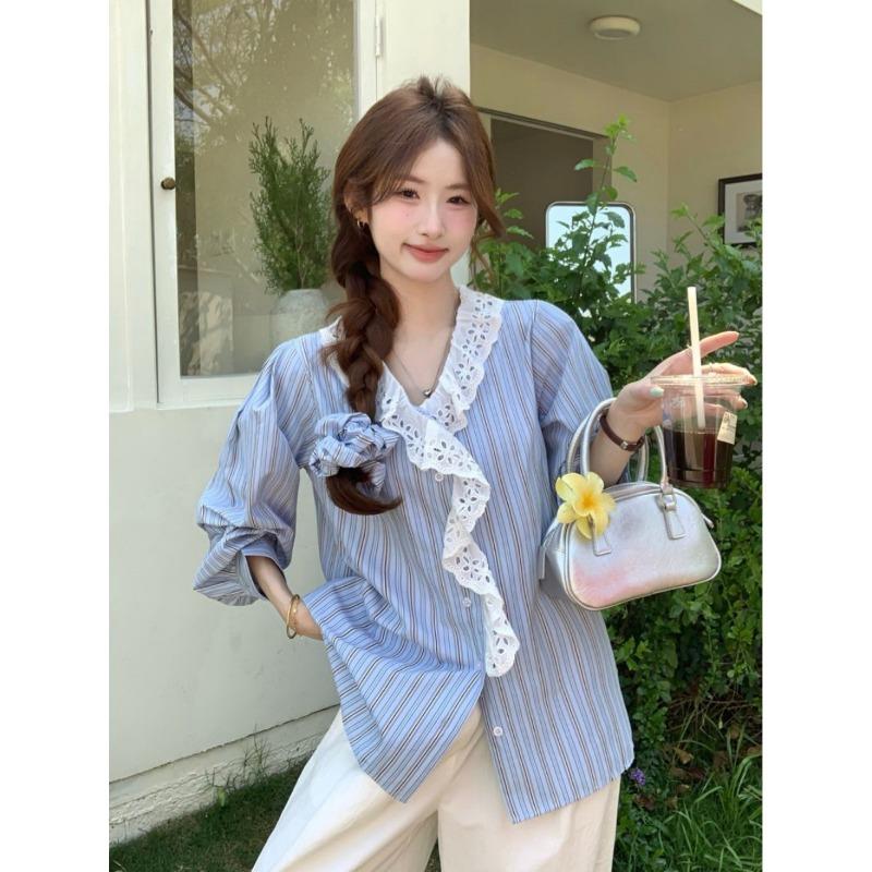 

Морская соль Кислород Корейская версия Ленивая Полосатая V-образный вырез Кружевная рубашка Женский Шикарный Топ с длинным рукавом 2XL синий