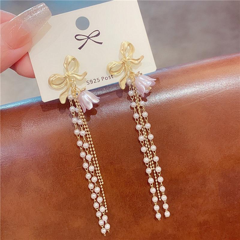 111 Silver Needle Bow Pearl Fringed Earrings Women s Premium Purple Tulip Long Earrings Temperament Earrings 925 silver needle
