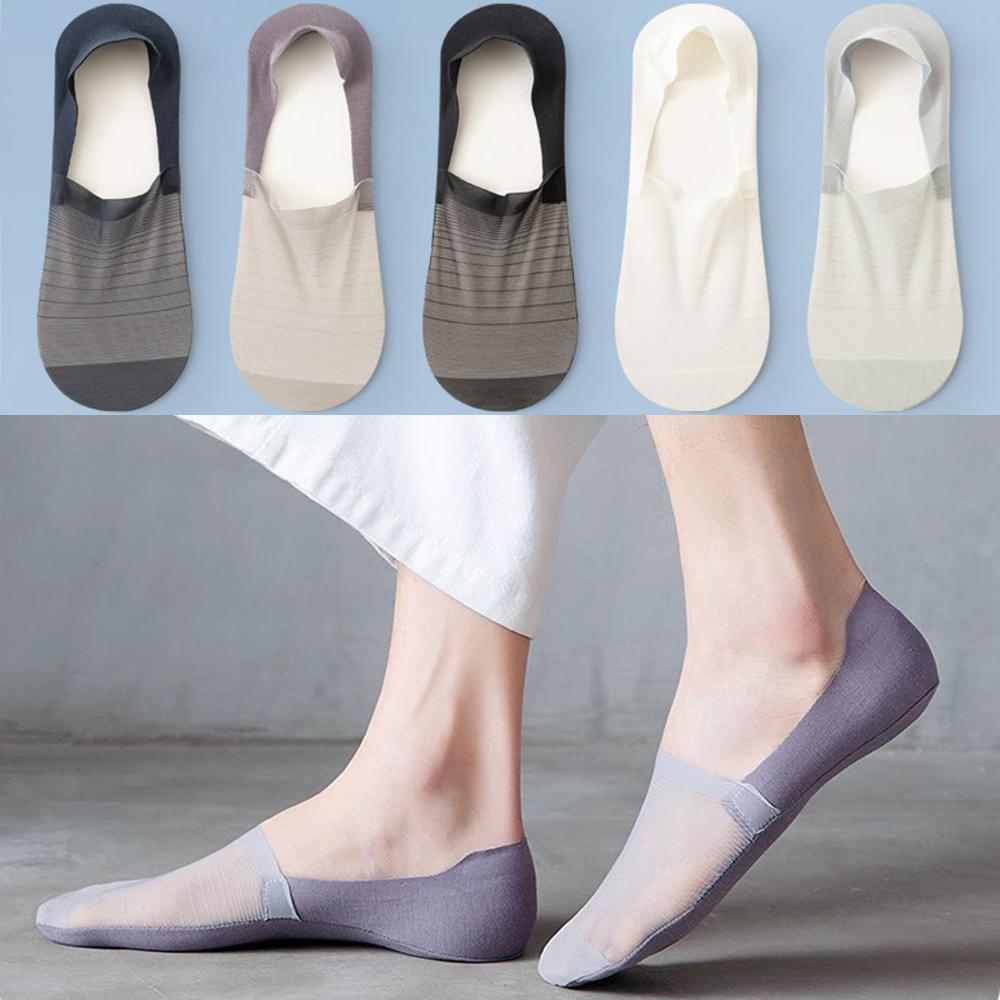 Men Ice Silk Mesh No Show Socks, Non Slip Silicone Invisible Low Cut Cotton Sole Breathable Liner Socks for Loafers Sneakers EU38-43