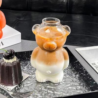 320ML Niedlicher Bärenförmiger Kaffeebecher Cartoon Bär Glastasse mit Strohhalm Transparente Tasse Geburtstags-Weihnachtsgeschenk für Frauen Kinder Freunde