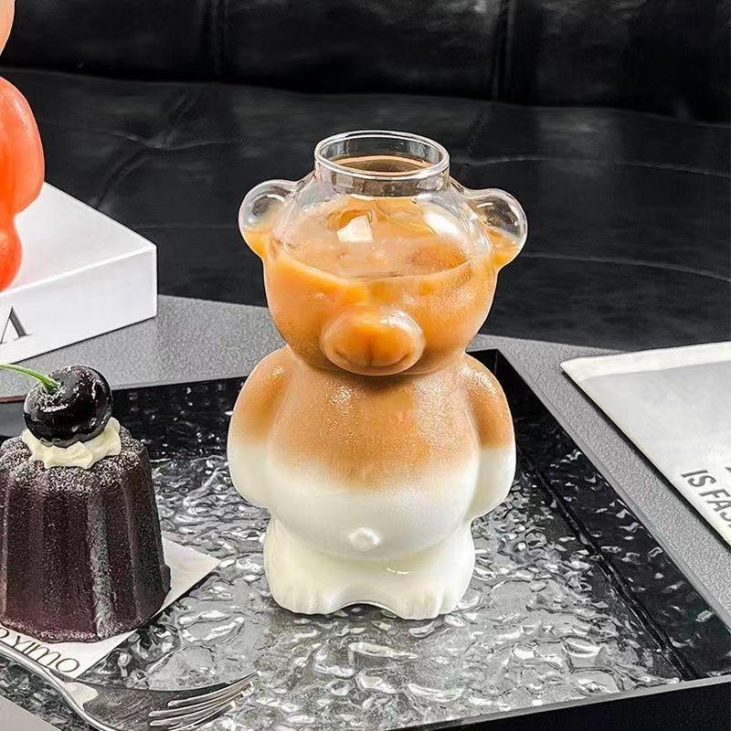 320ML Cute Bear Shaped Coffee Mug Cartoon Bear GlassCup With Straw TransparentCup Birthday Christmas Gift for Women Kids Friends