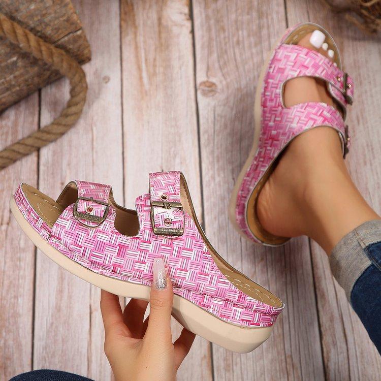 Double buckle cool slippers women's summer round head hollow metal buckle flat bottom outer wear plaid flip-flops