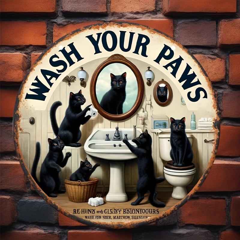 Vintage Black Cat Aluminum Sign - 8"x8" Round Metal Wall Decor for Bathrooms, Garages, Home Bars, Man Caves and Outdoor Spaces