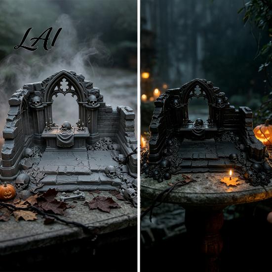 Miniature Puppet Scene Setting Gothic Ruin Skull Altar Table Ornaments 3D Printed Broken Chapel Castle Ruins Diorama Props Halloween Spooky Desktop