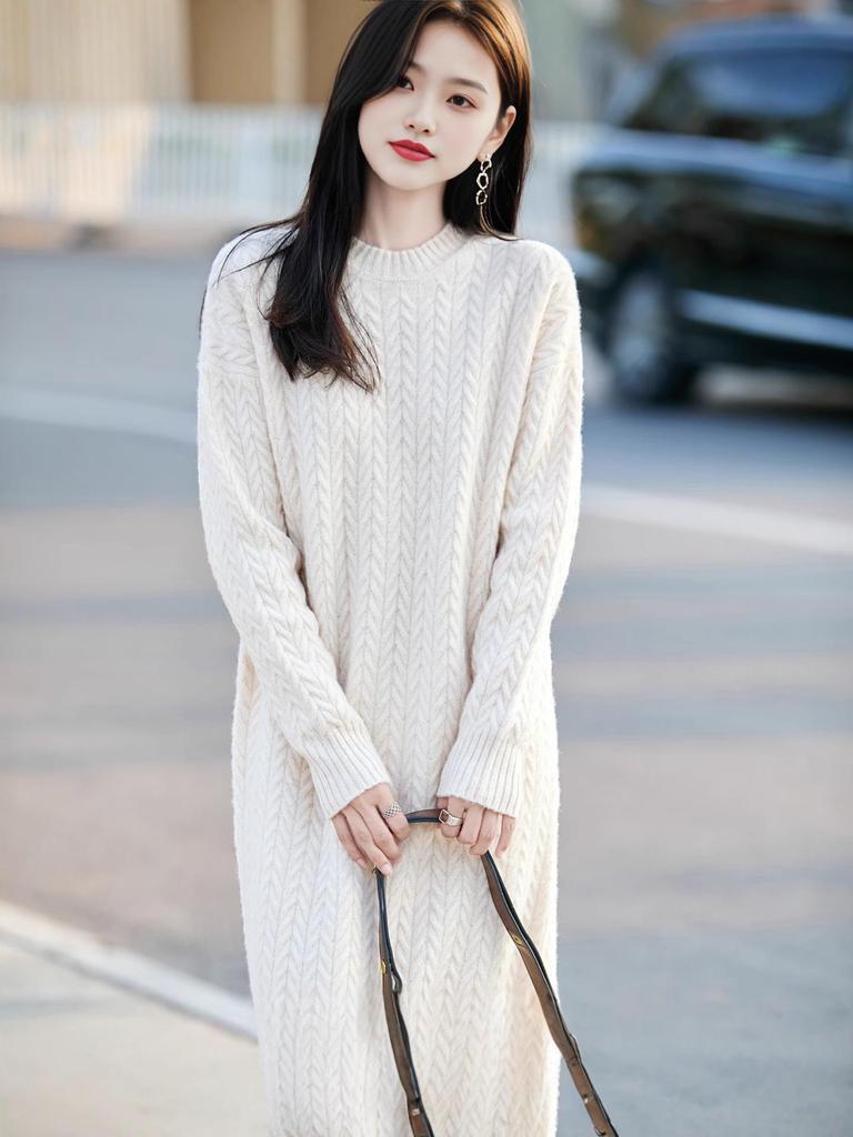Women's Wool Cable Knit Dress & Coat Set - Autumn/Winter Collection