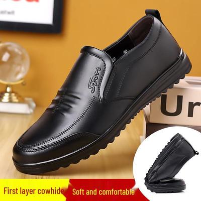 Men's Casual Black Leather Slip-on Dress Shoes, Soft Sole, Formal and Business Style, Spring/Autumn, Middle-aged Dad.