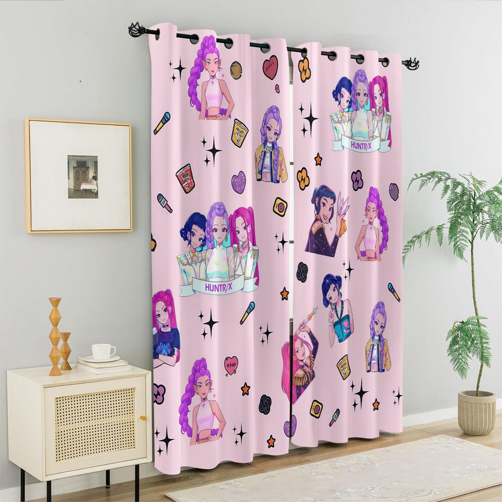 2Pcs K-Pop Demon Hunters Hot Anime Cartoon Printed Blackout Curtains Perfect For Bedroom Living Room Fashion Decorative Curtain