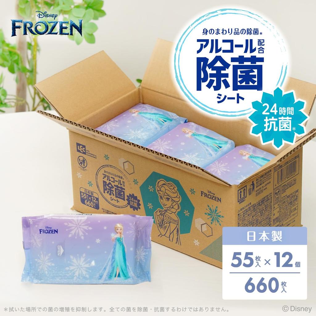 LEC Disney Alcohol Disinfectant Wet 55 Sheets X 12 Packs Antibacterial Made In Japan Wipes, (Frozen) / 24-Hour /