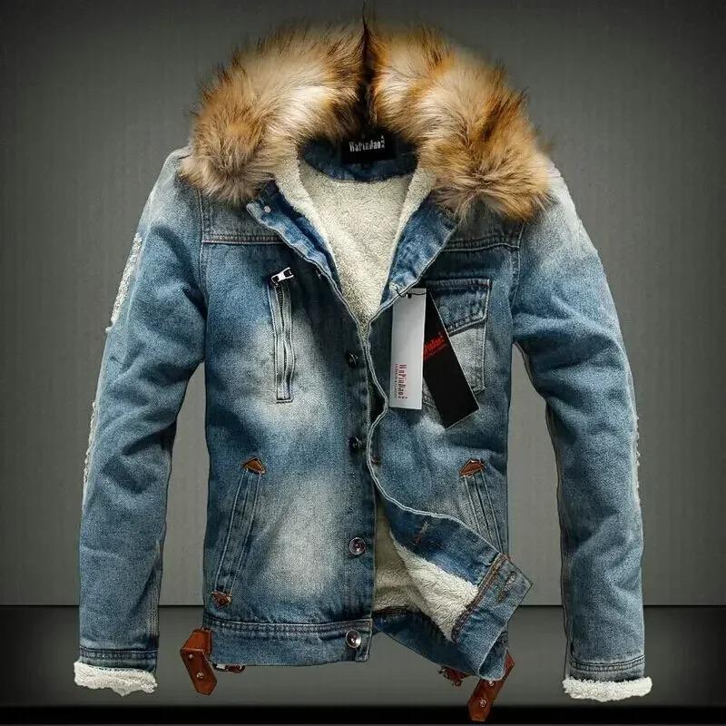

Solid Color Cotton Stand-up Collar Men Denim Jacket High Quality Warm new Fashion Jackets Men s Winter Plus Jacket Casual Parka M синий