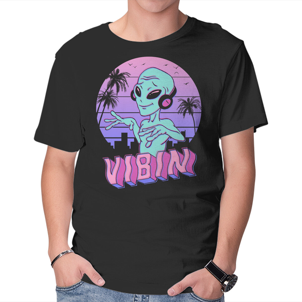 Unisex Crew Neck T-Shirt Alien Vibes! Graphic Short Sleeve Casual Tee XL