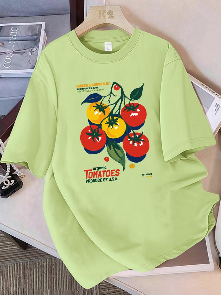 Summer Cotton T-Shirts Women Organic Tomatoes Produce Of Usa Prints Short Sleeve O-Neck Comfortable Loose Tops Casual Clothes
