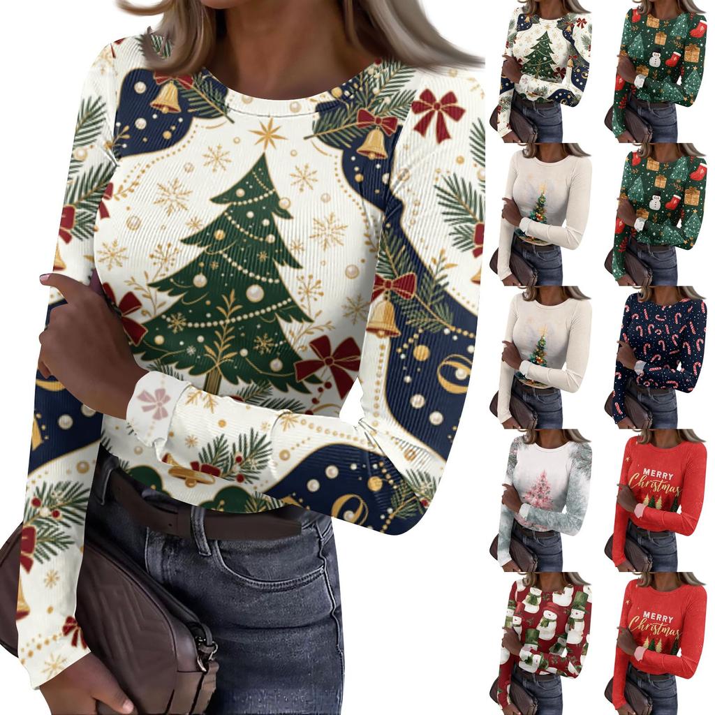 Women's Casual Long Sleeve Christmas Print Neck Ribbed Knit Top