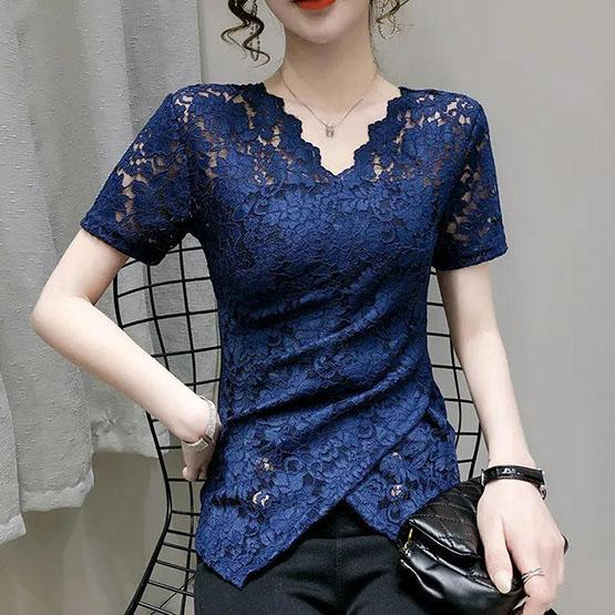 S-4XL Spring Summer Women's Tops Plus Size Solid Color Slim Lace Bottoming Shirts All-match V-neck Short-sleeved Shirts