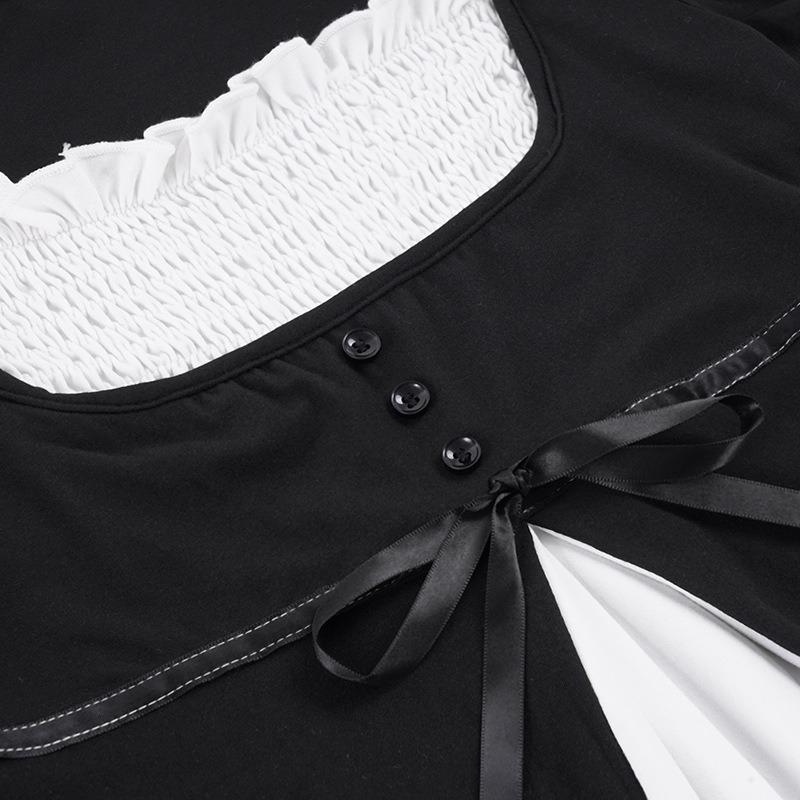 Women Black White Color Block Square Neck Bow Detail Puff Sleeve Slim Fit Casual Blouse
