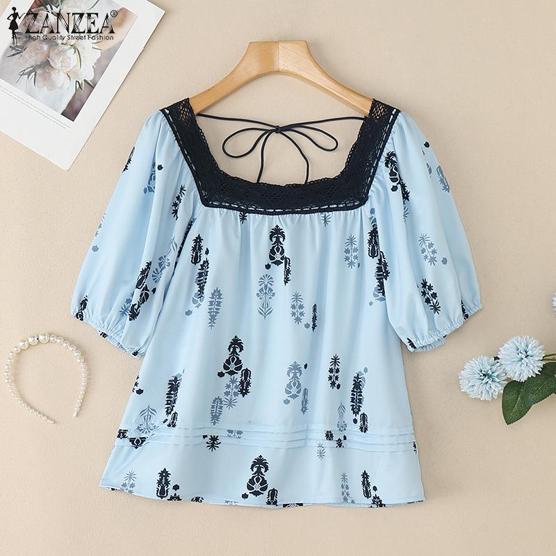 ZANZEA Women Summer Lace Splice Square Collar Short Sleeve Print Blouse