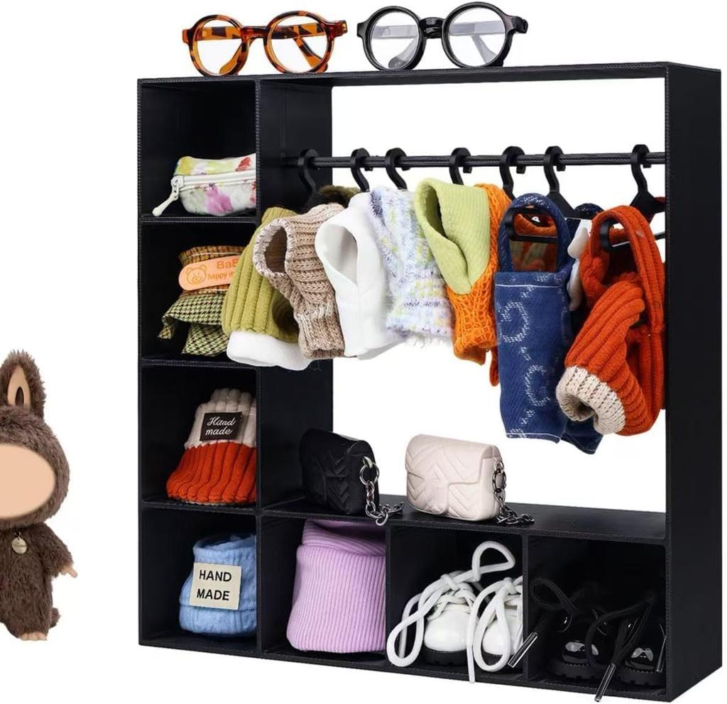 Dulap pentru Haine de Păpușă pentru Labubu, Accesorii pentru Păpușă pentru Haine Labubu, Dulap pentru Păpuși Accesorii Casă de Păpuși pentru Păpuși de 15/17 cm Haine cu 10 Umerașe