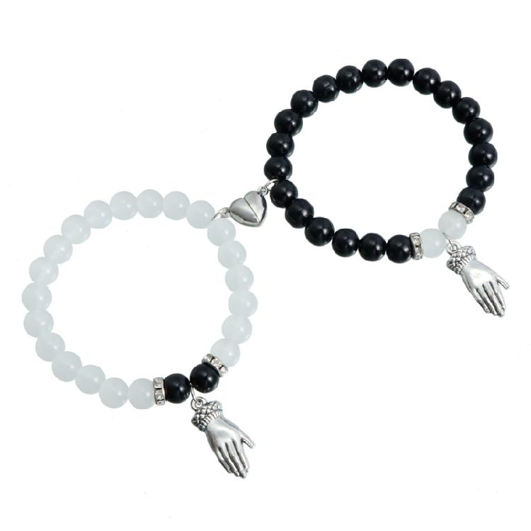 2Pieces Elegant Crystal Bead Bracelet Magnetic Clasp Handchain for Couples Adjustable Matching Wristbands Accessory
