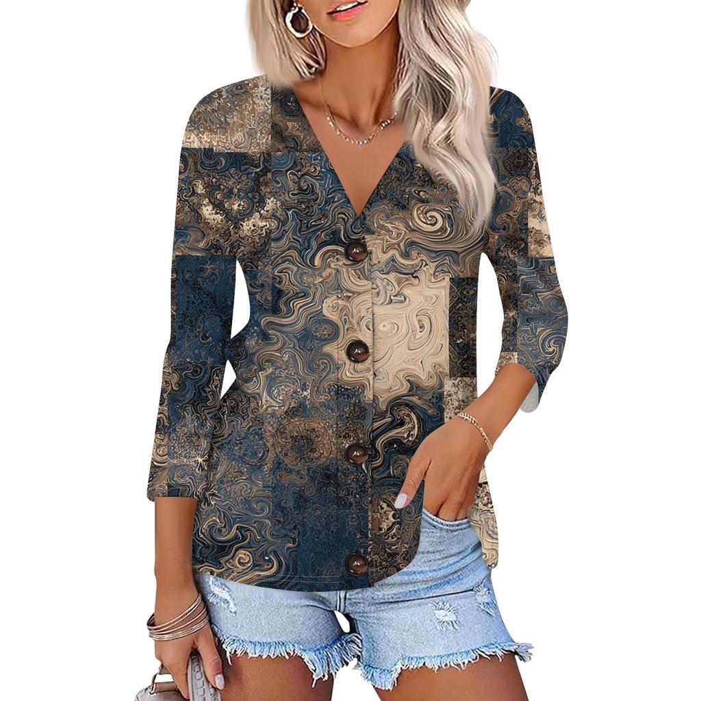Women's Fashion Casual Printing Button-down Shirt 3/4 Long Sleeve Tops