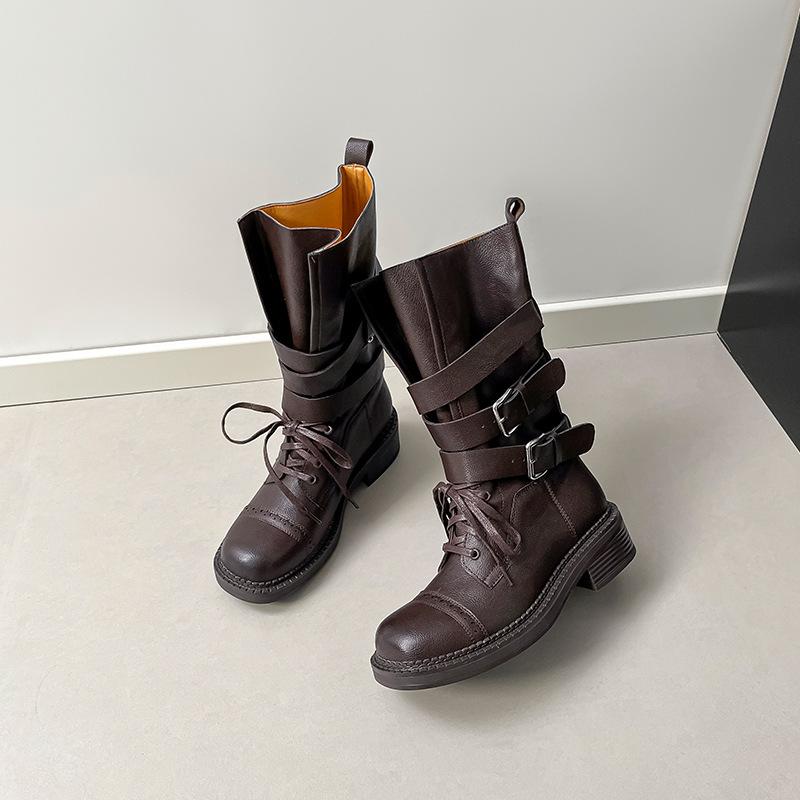 

thick-soled thick-heeled polished lace-up Martin boots for women 2025 autumn and winter new mid-tube British style belt buckle locomotive boots for 40 коричневый