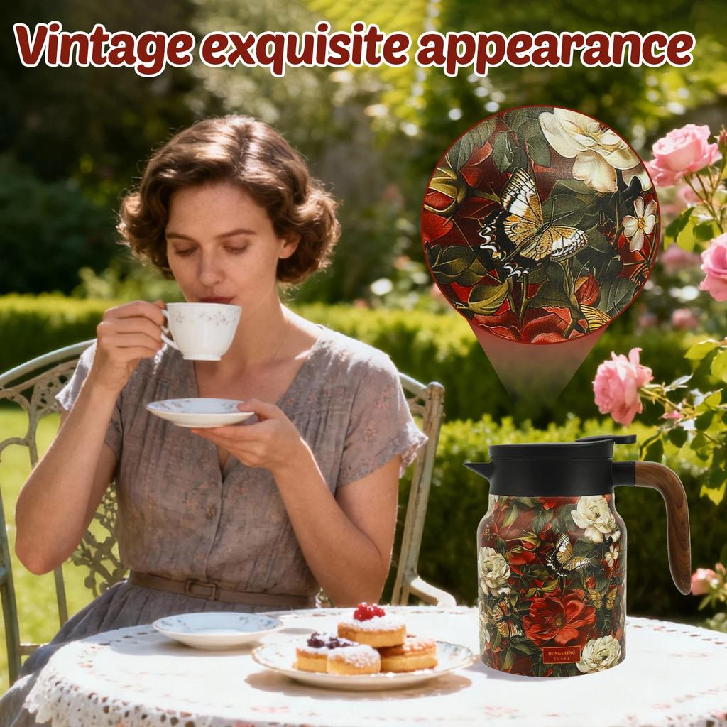 Vintage Floral Teapot Stainless Steel Insulated Tea Pot Built-in Infuser 1000 ml/33.82oz Thermal Carafe with Lid for Hot Drinks