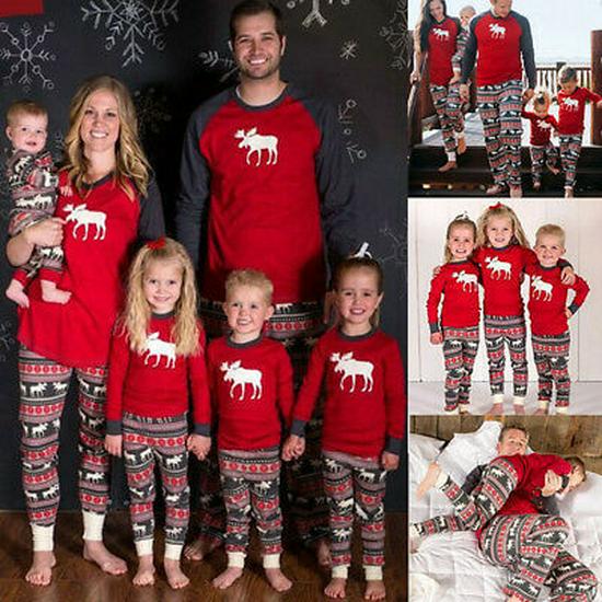 European & American Christmas Family Pajama Set - Print Top, Long Sleeve, Long Pants