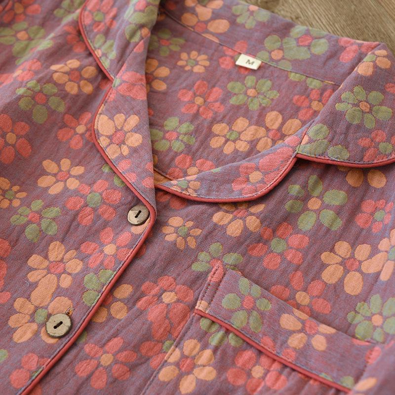 Pijamale de damă cu imprimeu floral etnic - Mânecă lungă, Bumbac pur, Gaze dublu strat, pentru Primăvară și Toamnă - Perfecte pentru femei de vârstă mijlocie și vârstnice.