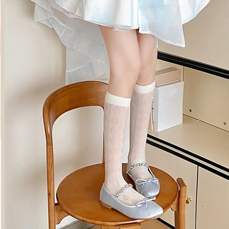Summer Thin Silk Solid Over the Calf Socks for Womens Japanese Style JK Diamond Striped Pattern Student Long Stockings