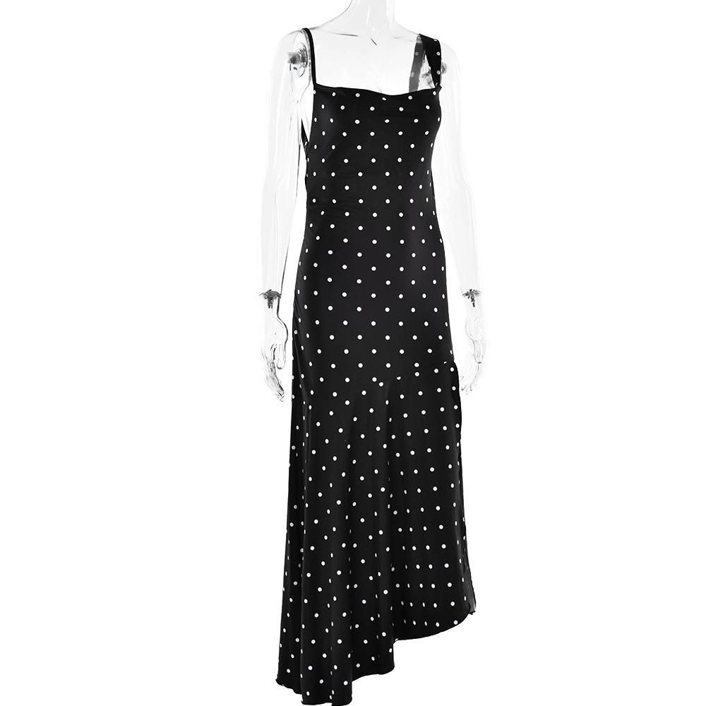 European and American new polka dot suspender swing neck dress women's fashion sexy sleeveless backless split long