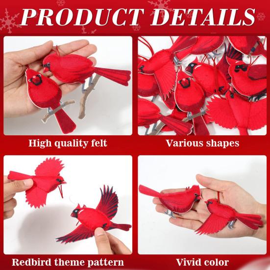 10 Pcs Red Bird Ornaments Wood Red Birds Christmas Tree Hanging Decoration for Winter Holiday Home Decor