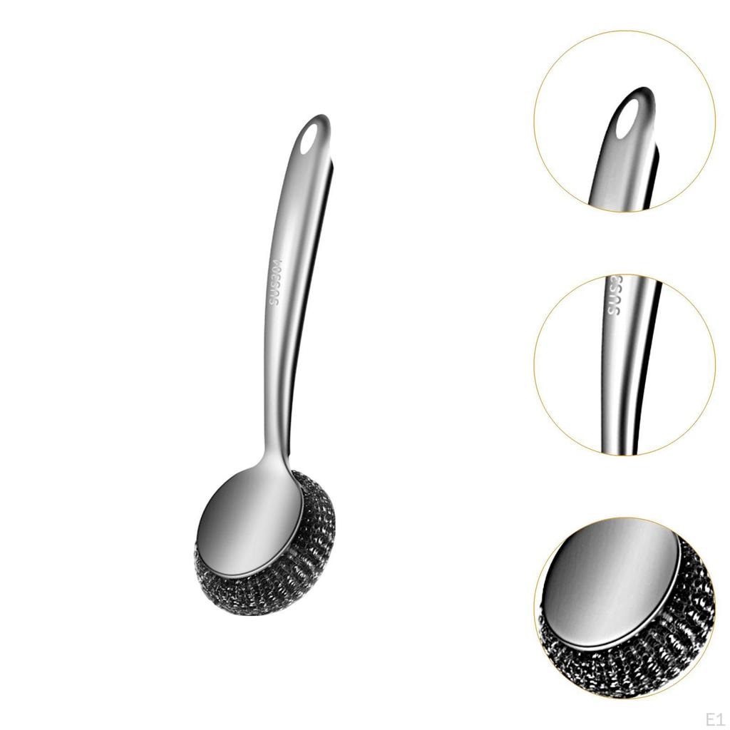 Stainless Steel Dish Scrubber Brush with Long Handle Iron Pans Sturdy Kitchen Cleaning Tool