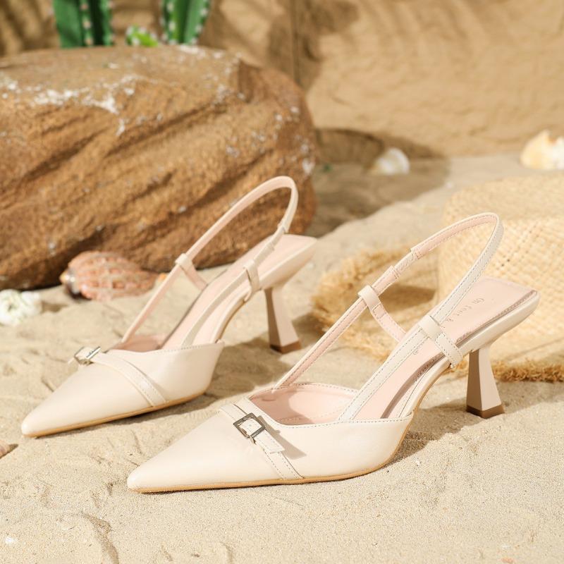 Fashion Pointed Toe Metal Buckle Decorated High Heels Women Elegant Slingback Thin Heel Designer Shoes Cozy Banquet Dress Shoes