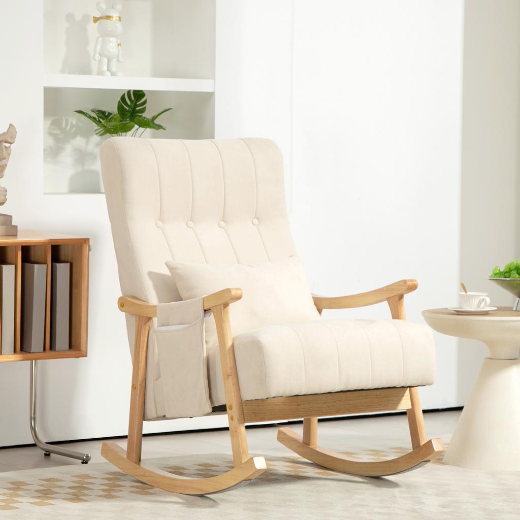 Rocking Chair with Lumbar Cushion, Wide Seat, Rubberwood Frame, Up To 120 Kg, Beige