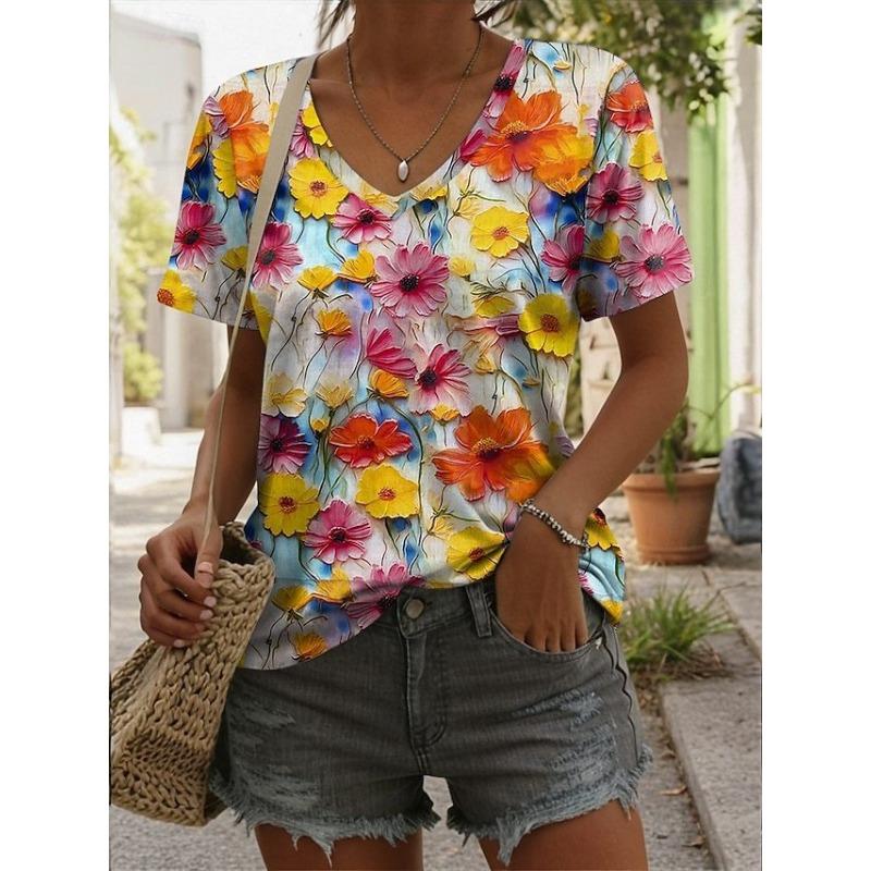 Summer New 3D Printed V-neck Women's Loose Casual Short Sleeved T-shirt