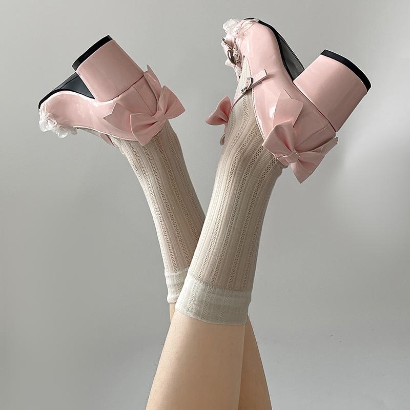 Pantofi drăguți din dantelă JK pentru femei, pantofi Mary Jane, pantofi de piele cu fundă papion la modă, pantofi cu toc pentru rochie de petrecere pentru exterior pentru femei