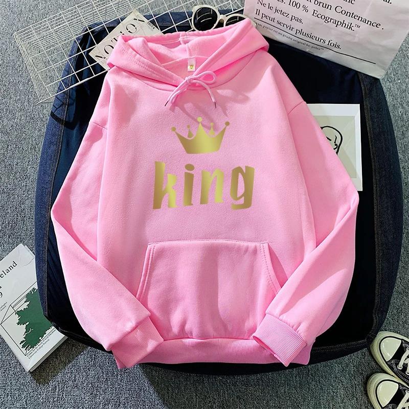 Woman Sweatshirts Classic King Queen Print Couples Hoodies All Season Daily Casual Sporty Loose Hoody Coats
