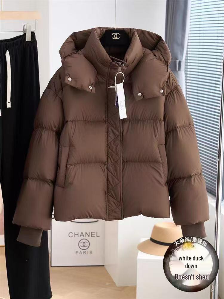 Dunjacka för damer, kort, vit, med dun av vit anka - Koreansk stil, petite passform med tjock chenille