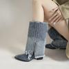 Pleated Block Heels Denim Boots for Women  Autumn Pointed Toe Women Fashion Sexy Cowboy Woman Denim Pointed Toe Chunky Boots